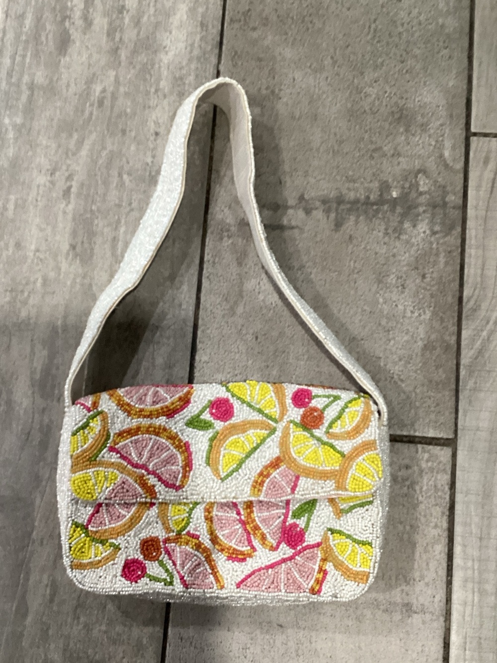 Sincerly Jules White Beaded Shoulder Bag with Pink, Yellow & Green Accents